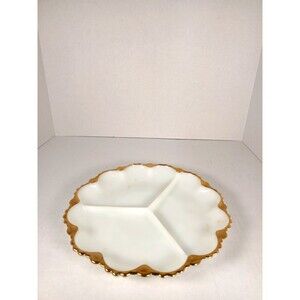 Vintage Anchor Hocking Fire King Milk Glass Divided Serving Dish Gold Trim 9.5"